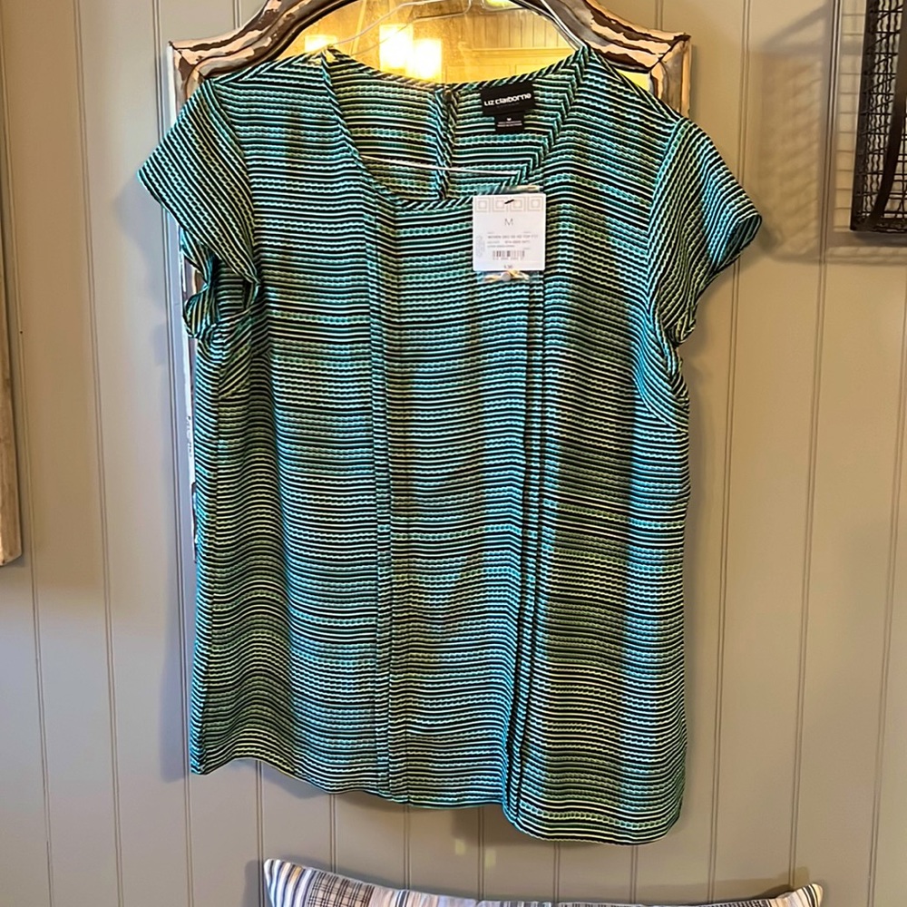 Green and black striped short sleeve Liz Claiborne shirt. Size medium